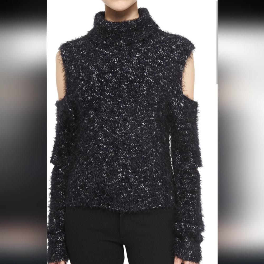 Jonathan Simkhai Black Lambs Wool Blend Cold Shoulder Cut Out Sweater Si…